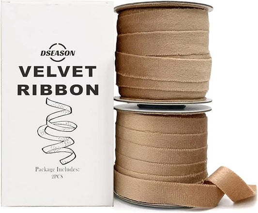 Velvet Ribbon Set 3/8" x 10 Yards, 2 Rolls 20 Yards, Dseason Handmade Nude Velvet Ribbon Set for Gift Wrapping & Bow Making, Christmas Tree, Wreath Decoration, DIY Crafts Decoration