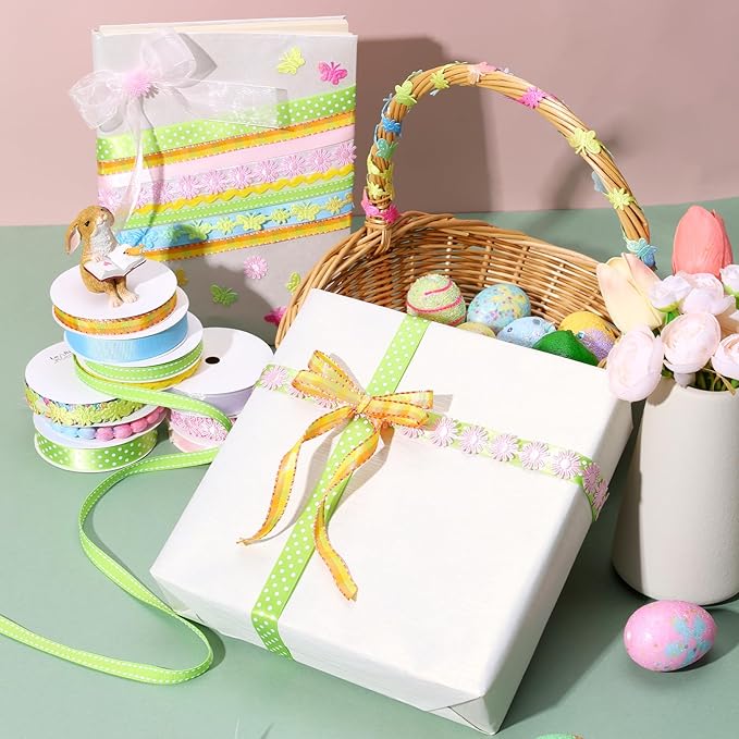 LaRibbons Spring Ribbon Set, Pastel Easter Craft Ribbons with Floral, Polka Dot & Gingham, Ideal for Gift Wrapping, Hair Bows, Spring Decor, DIY Crafts 46 Yards