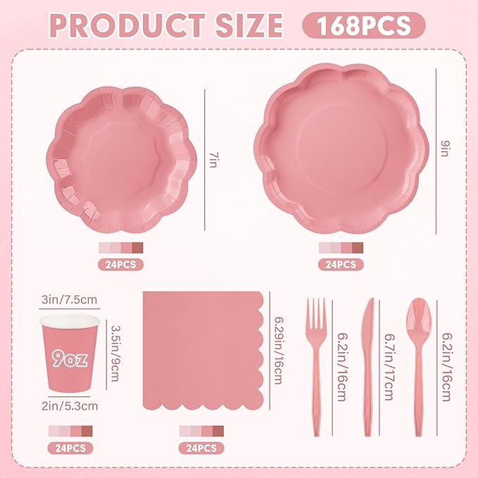 168 Pcs Dusty Pink Paper Plates and Napkins 24 Guests Gradient Scalloped Disposable Tableware Party Supplies Set for Mothers Day Wedding Birthday Garden Tea Party