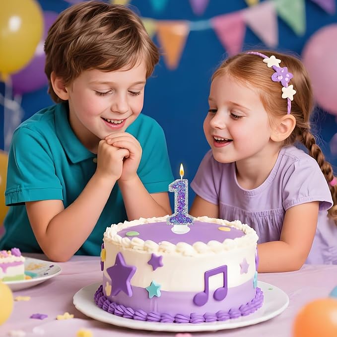 K-pop Number 1 Birthday Candle, Star Glitter Filled Number Candle, Purple Silver Fantasy Cake Topper for Birthday Party Decoration