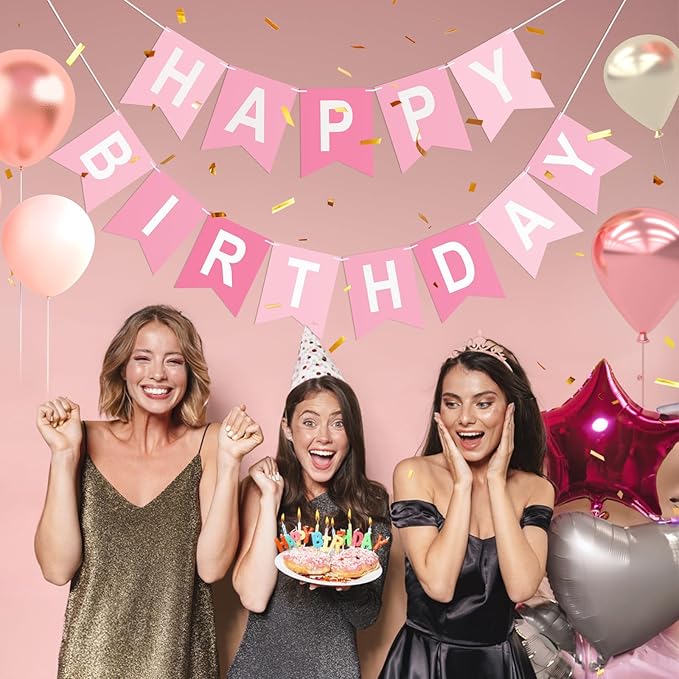 Happy Birthday Banner Birthday Party Banner NO DIY Happy Birthday Sign Pre-Strung Birthday Hanging Decoration for Women Men Girl Boy Party Supplies (Pink)