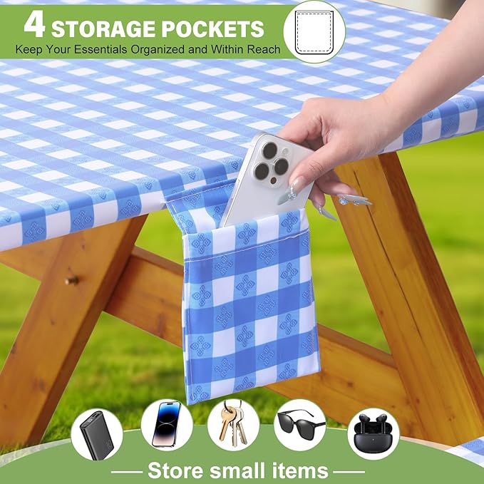 Fitted Picnic Table Cover with Bench Covers Vinyl Waterproof Elastic Edges Fitted Rectangle Tables Patio Tablecloth Camping Gear and Essentials Rv Accessories Road Trip Supplies Car Travel Must Haves