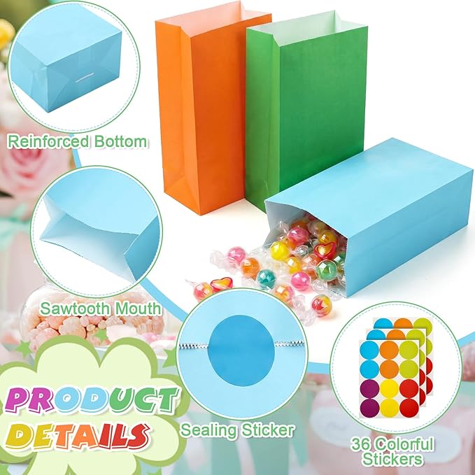 Nezyo 30 Pcs Pastel Gingham Paper Gift Bags with Stickers for Party 5.1 x 3.1 x 9.4 Inches Colorful Rainbow Paper Candy Bag for Party Favor Wedding Birthday Candy Snack DIY Goodie Treat (Rainbow Color)