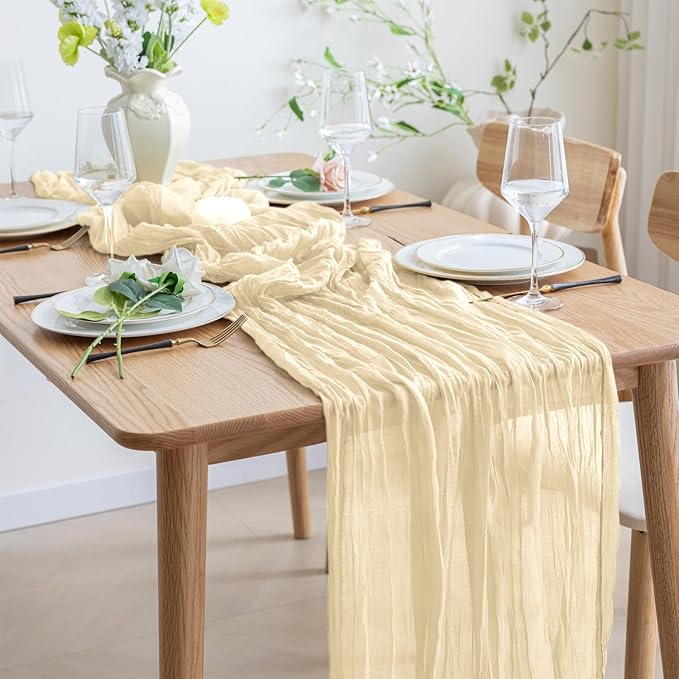 Asee'm 12pcs Cheesecloth Table Runner 120 Inches Long Beige Boho Gauze Cheese Cloth Runner 10FT Rustic Sheer Table Runners for Christmas Wedding Party Baby Shower Spring Easter Decoration