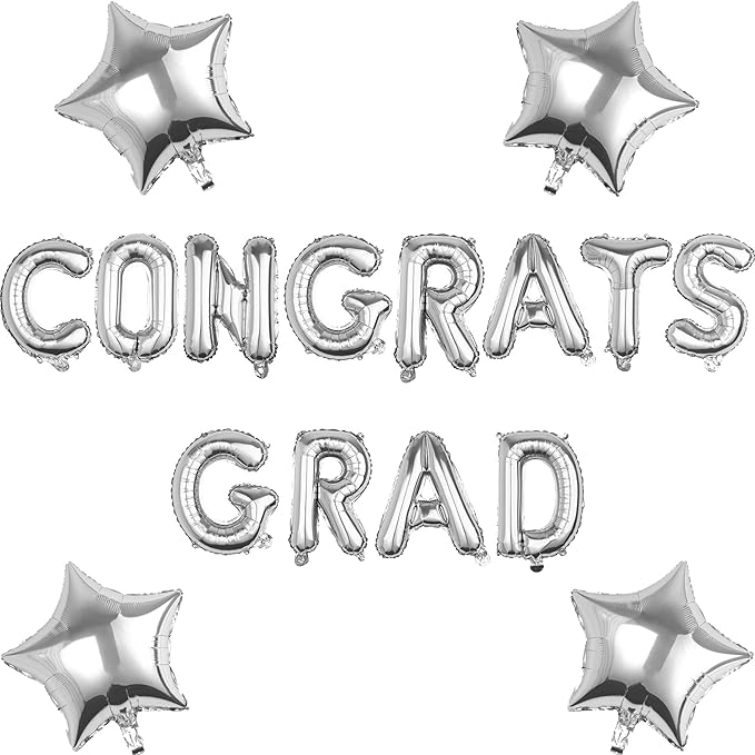 CONGRATS GRAD Silver Balloon Gift Set - Perfect Graduation Gift - Complete 19-Piece Party Kit with 16” Letters + 18" Stars - Ready-to-Give Celebration Package 2026