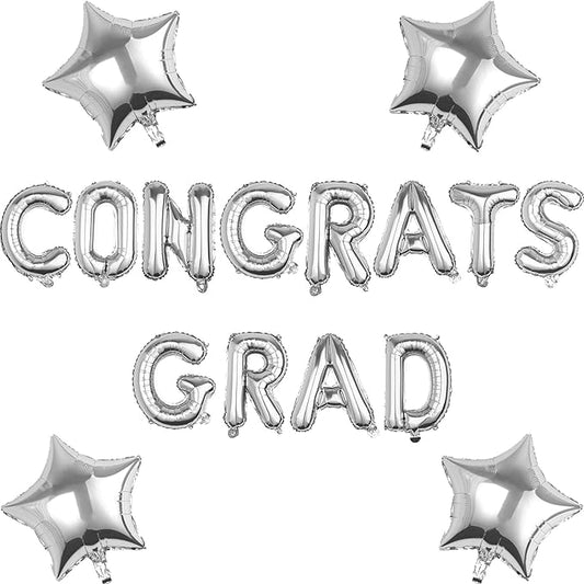 CONGRATS GRAD Silver Balloon Gift Set - Perfect Graduation Gift - Complete 19-Piece Party Kit with 16” Letters + 18" Stars - Ready-to-Give Celebration Package 2026