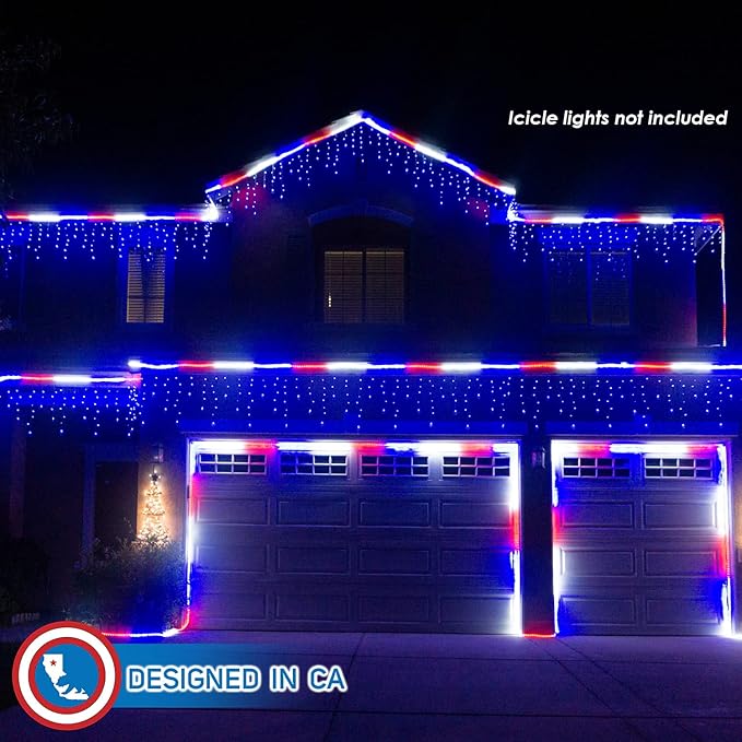 Russell Decor 60ft Red White Blue LED Rope Lights with Patriotic Lights with 4-Level Dimmable Controller Outdoor for Patriotic 4th of July Memorial Day Decor Patio Deck Flexible Lights