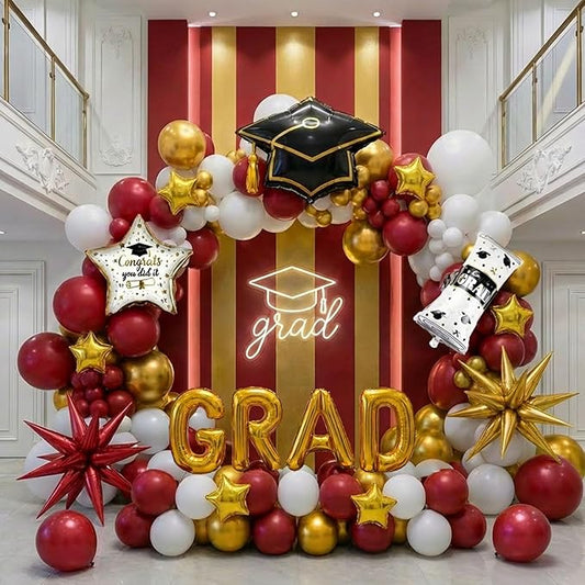 Red White Gold Graduation Balloon Garland Arch Kit with Graduation Star print Certificate Letter Foil Balloons for Graduate Class of 2026 Grad Prom party Decorations Supplies