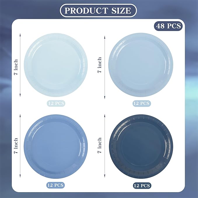 AimFun Dusty Blue Paper Plates Gradient Blue Party Plates 7?�Disposable Round Dessert Plates for Birthday Wedding Bridal Engagement Baby Shower Party Supplies 4 Colors (48)