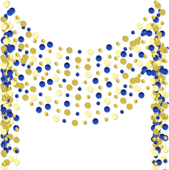Outus 10 Pieces Blue,Gold Round Dots Garland Graduation Party Hanging Decor Each Length 13.1ft Glitter Paper Dot Streamers for Birthday Wedding Classroom Supplies