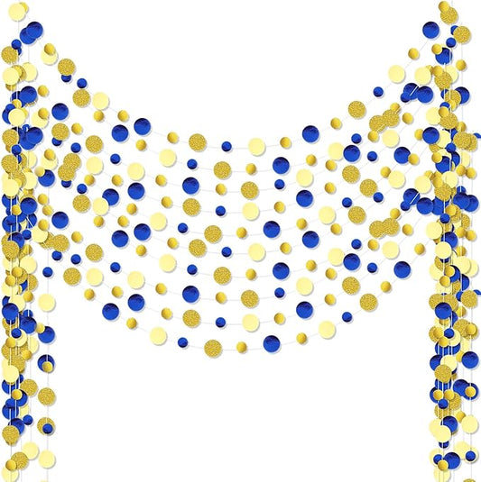 Outus 10 Pieces Blue,Gold Round Dots Garland Graduation Party Hanging Decor Each Length 13.1ft Glitter Paper Dot Streamers for Birthday Wedding Classroom Supplies