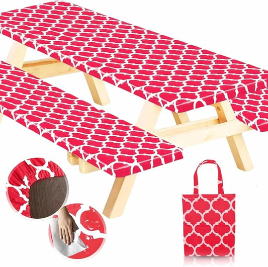 RNOONY Fitted Vinyl Picnic Table Cover with Bench Covers and Bag, 6ft Outdoor Waterproof Windproof Picnic Tablecloth with Elastic Edges. Camping RV Gear Must Have 72x30 Inches 3 Pcs Set (Red Moroccan)