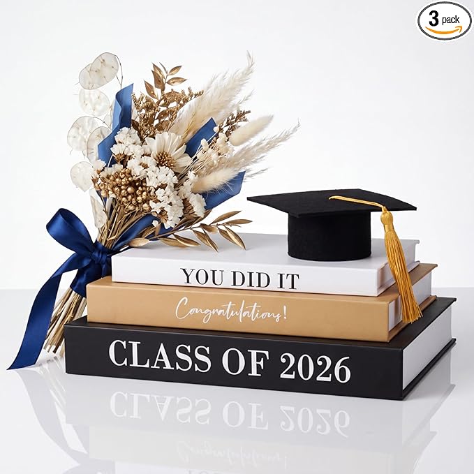 Threehoney 3 Pcs Graduation Table Centerpieces Class of 2026, Graduation Book Centerpiece Congratulate Grad Decoration Decorative Book Storage Box Table Home Party Decor(Black, White, and Yellow)