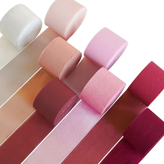 PartyWoo Burgundy and Pink Crepe Paper Streamers 8pcs 656ft Pack of Maroon Light Hot Pink Peach Pearl White Crepe Paper Streamers for Graduation Engagement Birthday Bachelorette Party Decorations