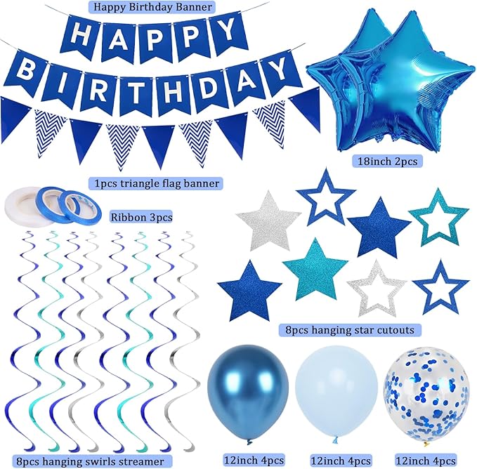 Blue Birthday Decorations, Happy Birthday Banner and Blue Star Balloons, Glitter Hanging Stars with Hanging Swirls, Bunting Banner, for Women Men Boys Party Decoration