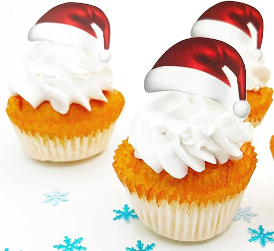 Sugar Robot Santa Hat Cupcake Toppers - Christmas Cake Decorations Edible - Christmas Cupcake Toppers - Cake Topper - Decoration Made in the USA - Premium Crafted - 24 Pcs Pack