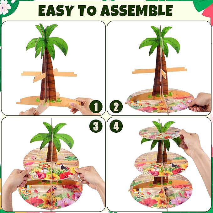 3-Tier Cupcake Stand - Palm Tree Party Decor for Luau, Hawaiian & Tropical Themed Events - Multi-Colored Cardboard Tiered Tray for Beach & Pool Party Decorations