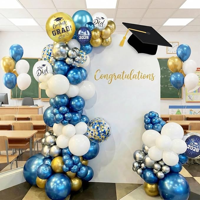 Blue and Gold Graduation Balloons, 60PCS Congrats GRAD Printed Balloon, 12 Inch Navy Blue White Metallic Blue Gold Confetti Latex Party Balloons Helium for Class of 2026 Graduation Party Decorations