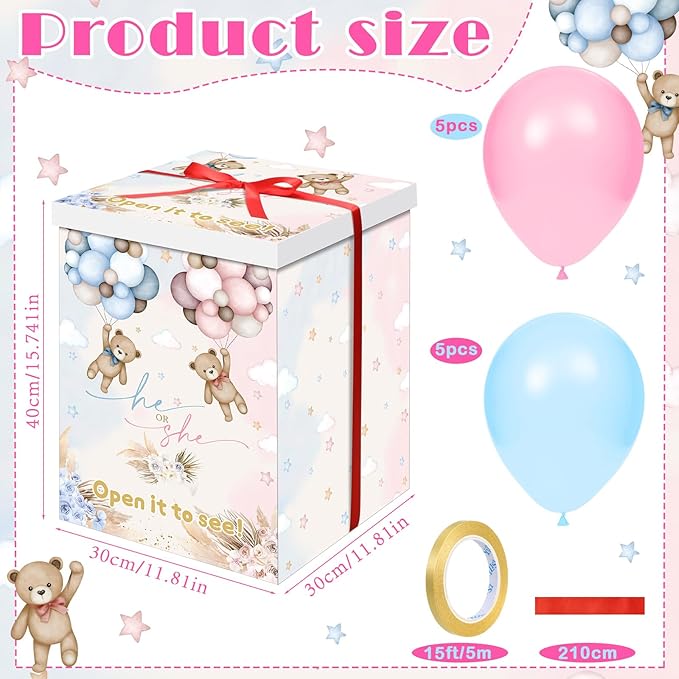 Hungdao Gender Reveal Balloon Box with Ribbon and 10 Pink and Blue Balloons Gender Reveal Games He or She Open to See for Party Decoration 12"x12"x16"(Boho Bear)