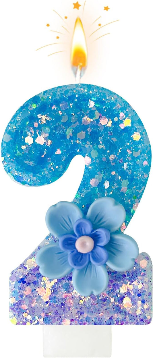 Blue Purple Flower Birthday Number Candles, Flower Theme Party Decorations, Cupcake Decorations, Suitable for Party Celebrations, Boys and Girls Birthday Decorations（2）