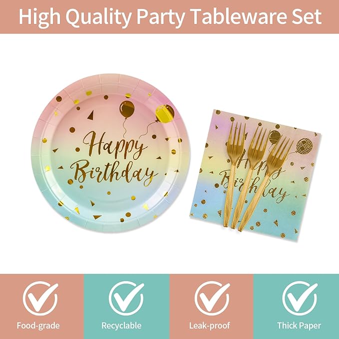 48PCS Happy Birthday Plates and Napkins Party Supplies, Colorful and Gold Disposable Paper Plates and Napkins with Forks Tableware Set for Birthday Party Decorations 16 Guests (Colorful)