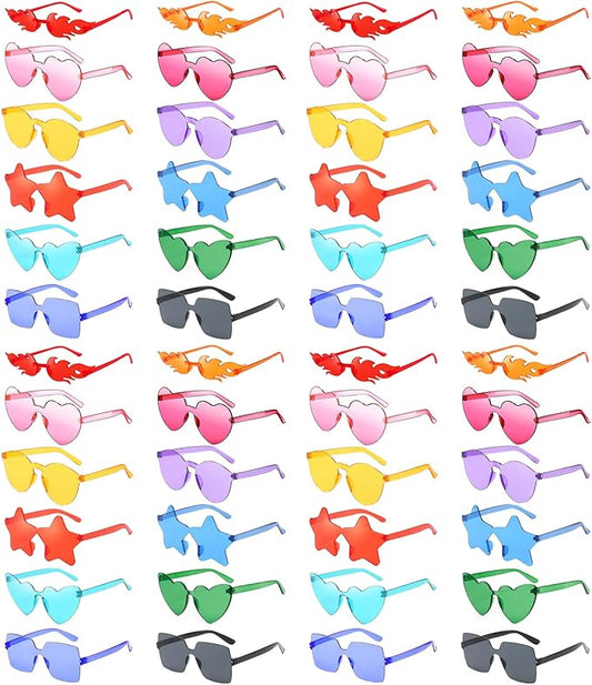 Pibupibu 48 Pack Fun Mixed/Heart/Star Party Sunglasses Bulk Adults, Rimless Colorful Bachelor Party Glasses