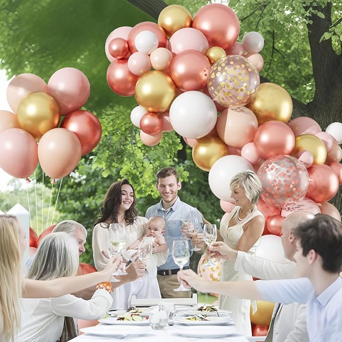 HILAVO Rose Gold Balloon Arch Kit Nude Light Pink Gold Confetti Party Balloon Garland Metallic Pink White Pastel Orange Balloons for Women Princess Baby Shower Bridal Wedding Brithday Party Decor