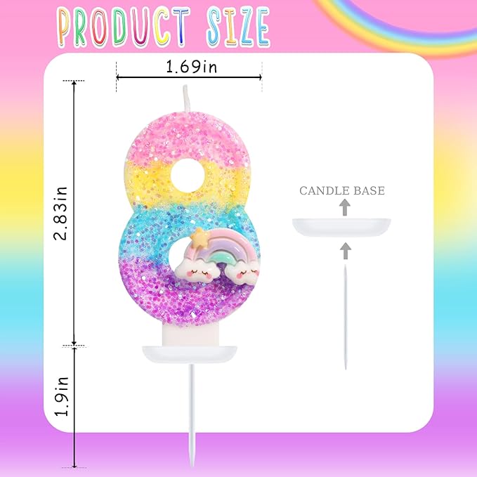 Rainbow Candles for Cakes, Number 8 Candle Rainbow Cake Topper for 8th Birthday Decorations for Girls