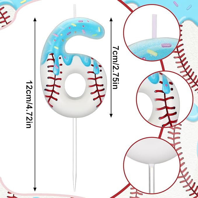 Conelist Ice Cream Drip Baseball Birthday Candle Number 6, Baseball Ice Cream Drip Birthday Cake Topper Candle Number 6 for Cake Sport Teams Theme Anniversary Celebration Party Decoration Favor Supply