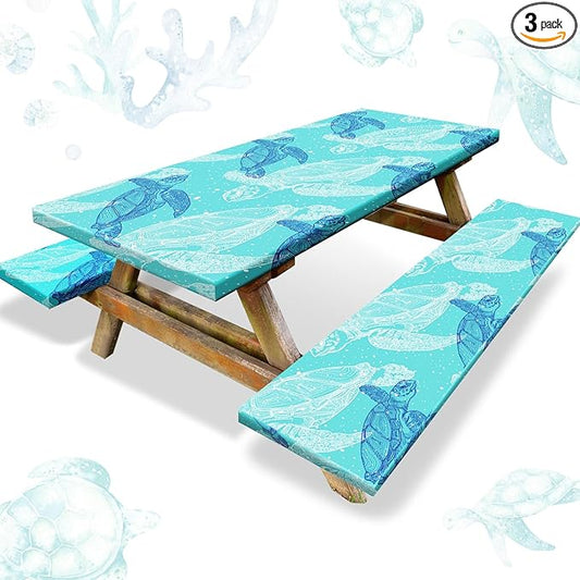 Boao 3 Pcs Vinyl Picnic Table Cover with Bench Cover 6 ft 30 x 72 Inch Waterproof Fitted Tablecloth Flannel Backing Rectangular Elastic Edged for Camping Outdoor Patio Travel(Turtle)