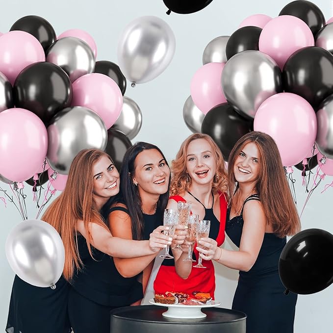 Paready Pink and Black Balloons, 30 Pcs 12 Inch Pastel Pink and Metallic Silver Latex Balloons for Birthday Baby Shower Engagement Anniversary Wedding Bridal Shower Party Graduation Decoration