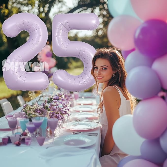 SUWEN 40 Inch Light Purple Large 25 Balloon Number Big Foil Helium Lavender Number Balloons Huge Mylar 0-9 Giant Jumbo Happy 25th Birthday Party Anniversary Decorations