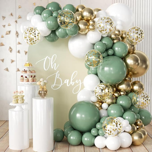 MEBAY Sage Green Balloon Arch Kit, 166Pcs Olive Green White Gold Balloons Garland for Baby Shower Birthday Wedding Jungle Safari Party Decoration