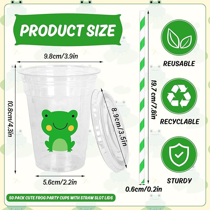 Whaline 50 Pcs Frog Disposable Plastic Cups with Lids and Straws Cute Green Frog Party Cups Cold Beverage Drinking Cups for Baby Shower Birthday Party Supplies