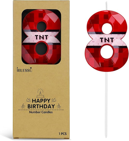 Number 8 Red Pixel Birthday Candle, TNT Themed Birthday Candles for Cake, 2.73 Inch Green Miner Number Candles, Game Themed Candle Birthday Decoration, Red Birthday Cake Topper for Boys Girls Party