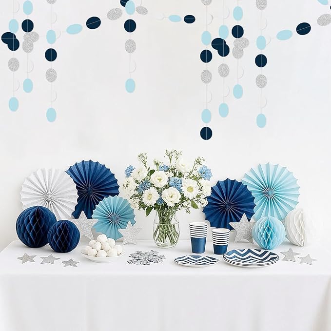 Silver Navy-Blue White Party-Decorations Birthday - 52ft Paper Garland Streamers Banner Birthday Decorations Christmas Baby Shower Winter Classroom Office Home Hanging Decor HongTongTong