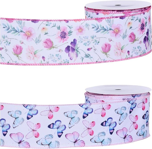 Meseey 2 Rolls Floral Butterfly Wired Ribbon, 2.5 Inch x 5 Yards Pastel Spring Ribbon for Wreaths, Easter Decorations, Gift Wrapping, DIY Crafts, Baby Shower & Wedding Decor