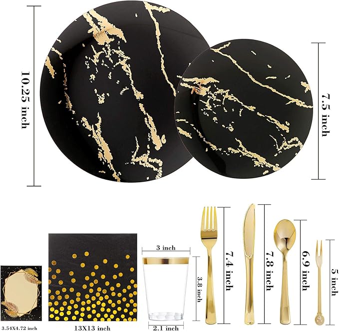 N9R 225pcs Black Gold Plastic Plates, Disposable Dinnerware Set Include 25 Dinner Plates, 25 Dessert Plate, 25 Plastic Silverware, 25 Mini Forks, Gold Cups, Napkins and Table Cards Halloween