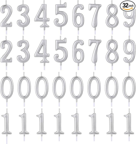 32 Pieces Numeral Birthday Candles Silver Cake Glitter Candles Number 0-9 Cake Decoration for Child's Milestone Birthday Celebration Ten-Year Milestone Anniversary Party Celebration (Silver)
