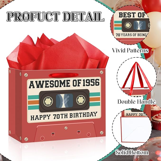 70th Birthday Gift Bag for Men Women Retro Tape 1956 Birthday Party Favor Bags with Tissue Paper and Greeting Card Vintage Cassette 70 Years Old Gift Wrapping Bag Decorations for Mom Dad Friends Gifts