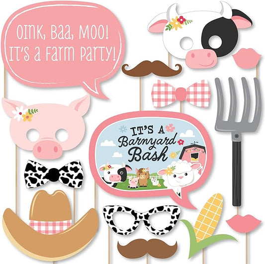 Big Dot of Happiness Girl Farm Animals - Pink Barnyard Baby Shower or Birthday Party Photo Booth Props Kit - 20 Count