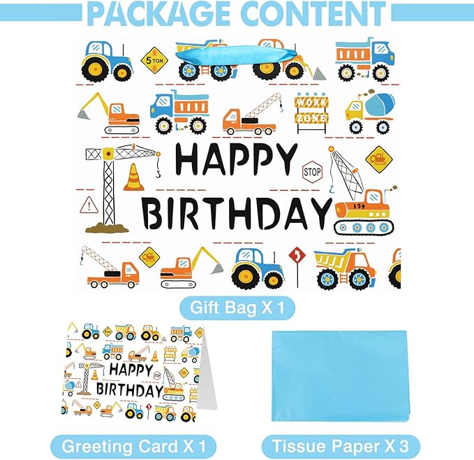 16.5" Large Happy Birthday Gift Bag for Baby Boy Kids with Tissue Paper and Card (Construction Vehicle)