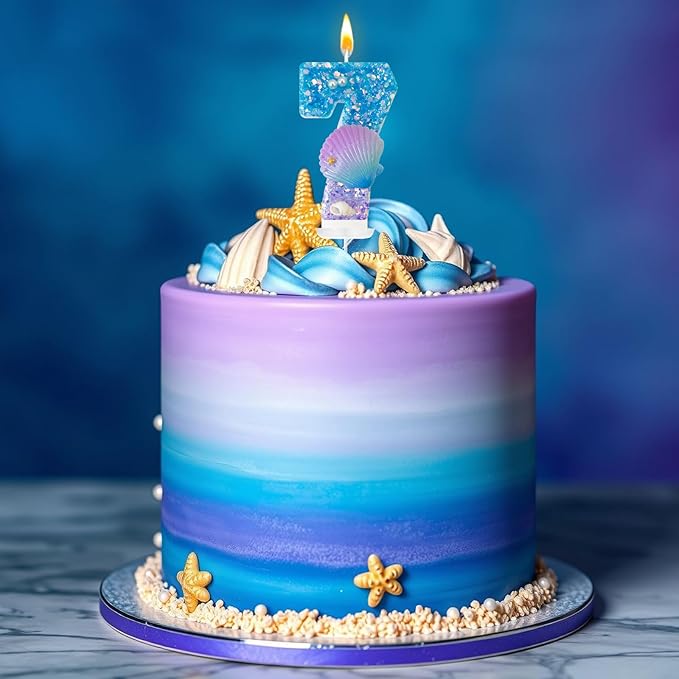 Blue and Purple Birthday Candles, 7th Birthday Cake Decoration, Cupcake Candles，Suitable for Mermaid Theme Party Cake Decoration (7)