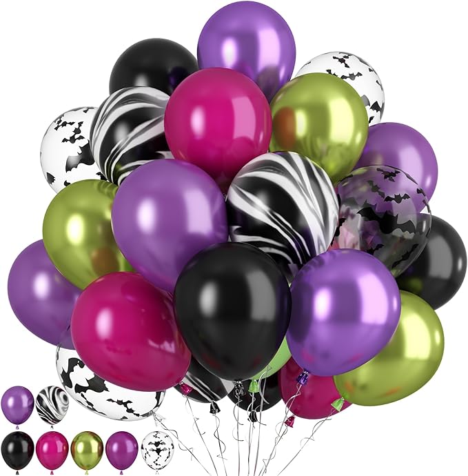Paready Black Purple Pink Halloween Balloons, 60 Pcs Hot Pink Black Green Party Balloons, Metallic Green Purple Balloon Bat Printed Agate Balloon for Halloween Birthday Home Garden Party Decoration