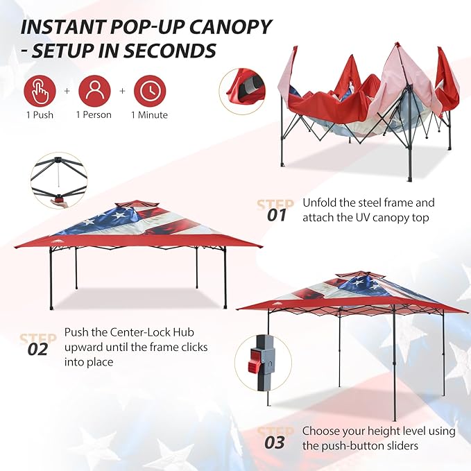 EAGLE PEAK 13x13 Straight Leg Pop Up Canopy Tent Instant Outdoor Canopy Easy Single Person Set up Folding Shelter w/Auto Extending Eaves 169 Square Feet of Shade (Stars and Stripes)