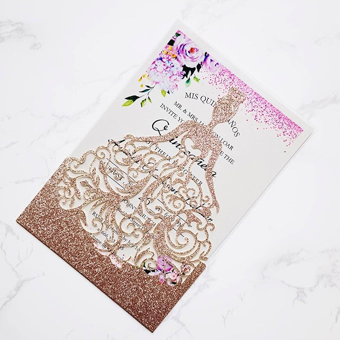 50PCS Wedding Invitations Cards with Envelopes 5 x7.3 Inch Laser Cut Hollow Girl Princess Pocket with Envelopes Crown Invitations Cards for Quinceanera Birthday Sweet 16, Party Invite (Rose Gold Glitter)