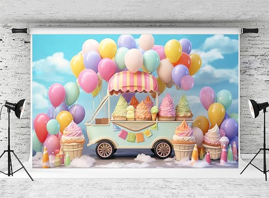 Kate 10x6.5ftSummer Ice Cream Car Backdrop for Photography Colorful Balloons Cake Smash Blue Sky Birthday Party Background for Kids Photo Props
