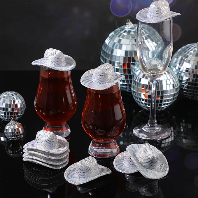 Sotiff 12 Pcs Mini Disco Cowboy Hat Mini Western Cowboy Cowgirl Hat Light up Holographic Space Miniature Cute Neon Party Decor for Party Doll