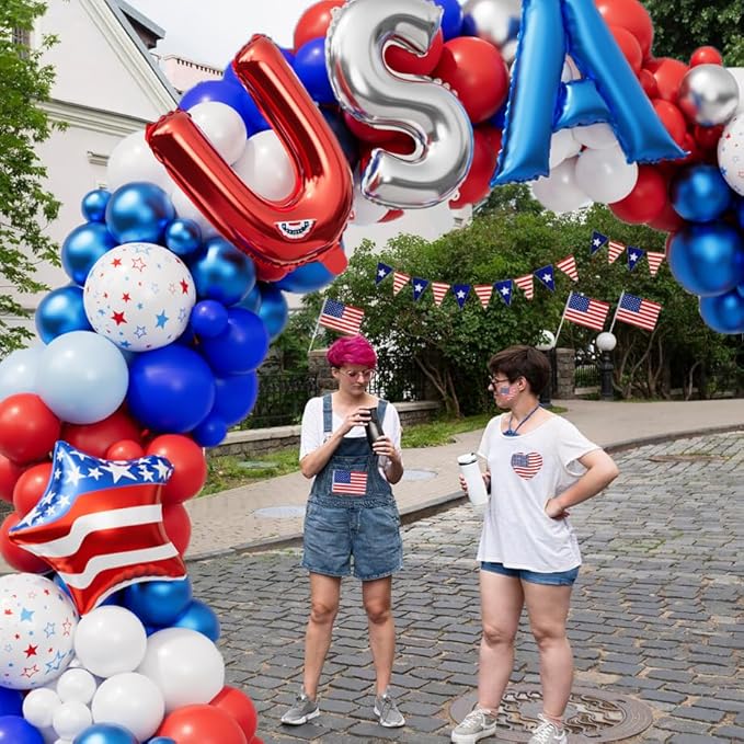 DBKL 156Pcs Red White and Blue Balloons Garland Arch Kit with USA Flag Foil Balloon, Patriotic Balloons for 4th of July Graduation Birthday Baseball Party Decorations