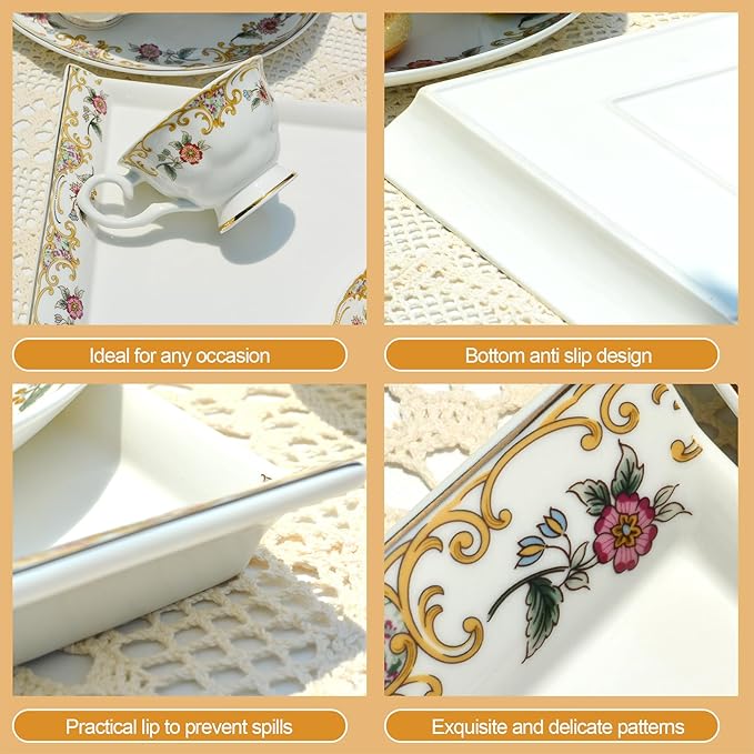 ACMLIFE Bone China Serving Platter, 14 Inch White Rectangular Tray, Elegant Floral Pattern, Ideal for Tea Set, Appetizers, Fruit, Veggies, Desserts